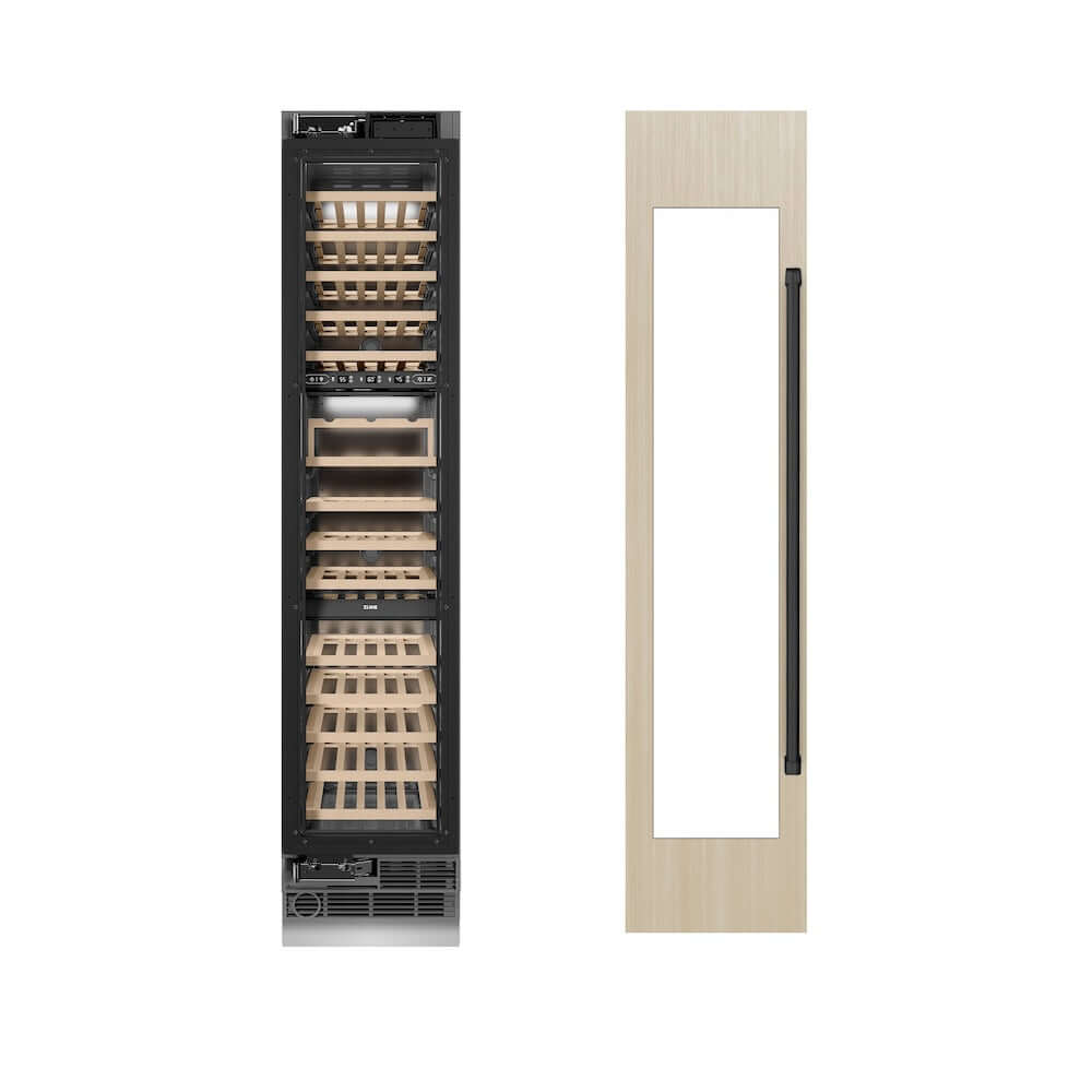 ZLINE Autograph Edition 18 in. 9.0 cu. ft. Triple Zone 68 Bottle Panel Ready Left Hinge Column Wine Cooler with Matte Black Accents (RBCWVLZ-18-MB) unit without panels next to custom panels.