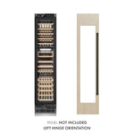 ZLINE Autograph Edition 18 in. 9.0 cu. ft. Triple Zone 68 Bottle Panel Ready Left Hinge Column Wine Cooler with Matte Black Accents (RBCWVLZ-18-MB) front, next to custom panels. Text: Panels not included.