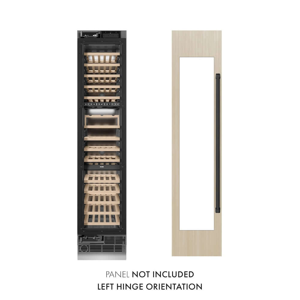 ZLINE Autograph Edition 18 in. 9.0 cu. ft. Triple Zone 68 Bottle Panel Ready Left Hinge Column Wine Cooler with Matte Black Accents (RBCWVLZ-18-MB) front, next to custom panels. Text: Panels not included.