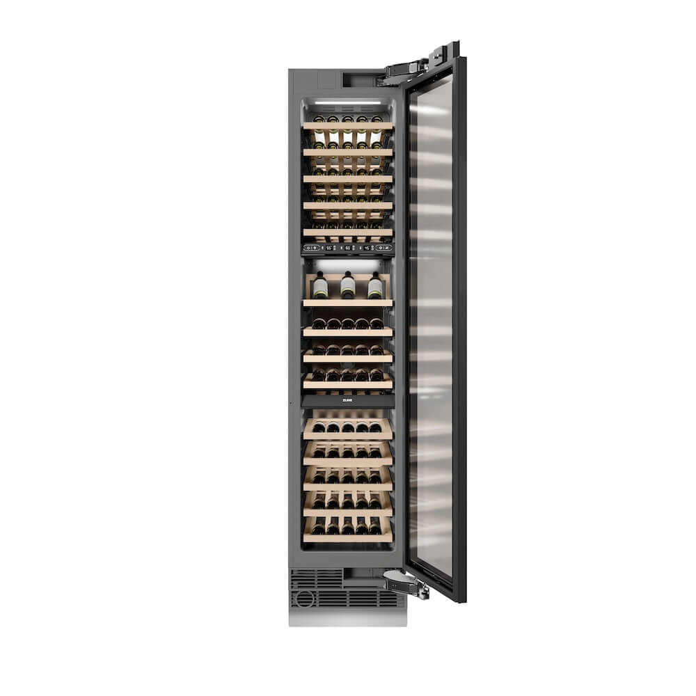 ZLINE 18 in. 9.0 cu. ft. Triple Zone 68 Bottle Panel Ready Right Hinge Column Wine Cooler (RBCWVR-18) front, open.