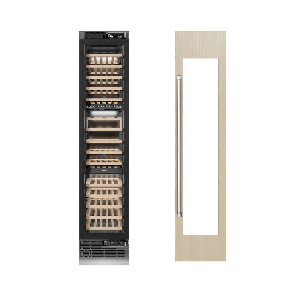 ZLINE 18 in. 9.0 cu. ft. Triple Zone 68 Bottle Panel Ready Right Hinge Column Wine Cooler (RBCWVR-18) unit without panels next to custom panels.