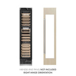 ZLINE 18 in. 9.0 cu. ft. Triple Zone 68 Bottle Panel Ready Right Hinge Column Wine Cooler (RBCWVR-18) front, next to custom panel and handle. Text: Panel and handle not included.