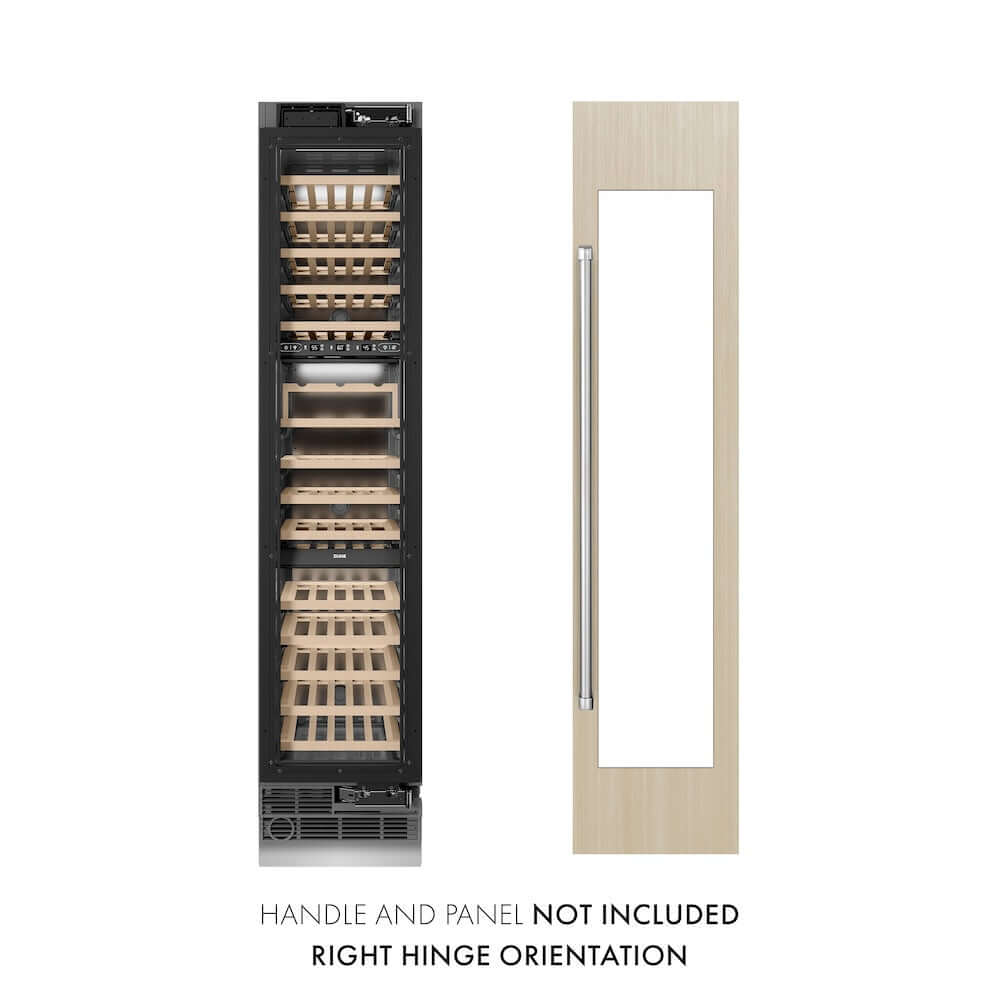 ZLINE 18 in. 9.0 cu. ft. Triple Zone 68 Bottle Panel Ready Right Hinge Column Wine Cooler (RBCWVR-18) front, next to custom panel and handle. Text: Panel and handle not included.