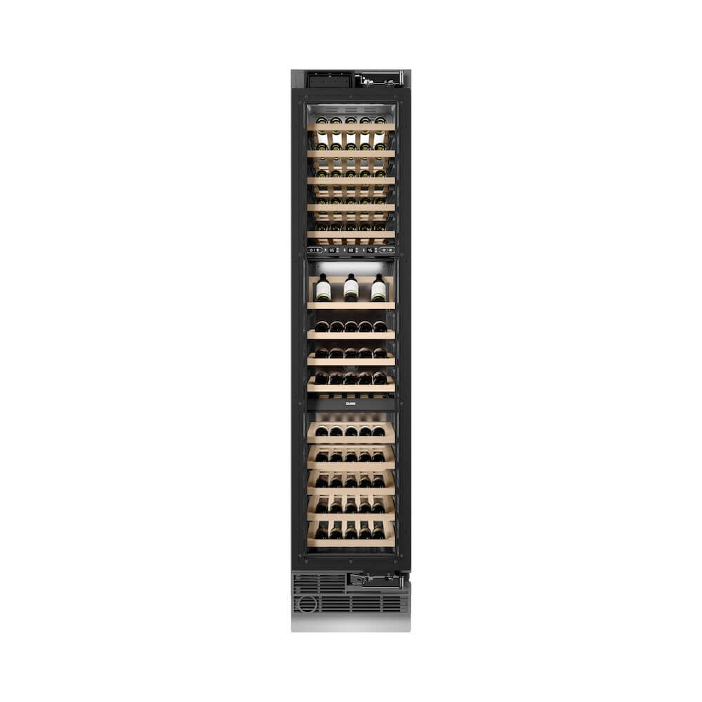 ZLINE Autograph Edition 18 in. 9.0 cu. ft. Triple Zone 68 Bottle Panel Ready Right Hinge Column Wine Cooler with Champagne Bronze Accents (RBCWVRZ-18-CB) front, closed.