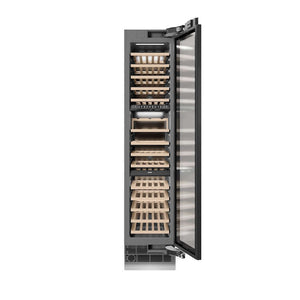 ZLINE Autograph Edition 18 in. 9.0 cu. ft. Triple Zone 68 Bottle Panel Ready Right Hinge Column Wine Cooler with Champagne Bronze Accents (RBCWVRZ-18-CB) front, open.