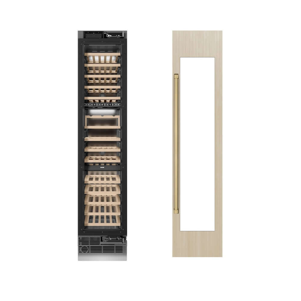 ZLINE Autograph Edition 18 in. 9.0 cu. ft. Triple Zone 68 Bottle Panel Ready Right Hinge Column Wine Cooler with Champagne Bronze Accents (RBCWVRZ-18-CB) unit without panels next to custom panels.