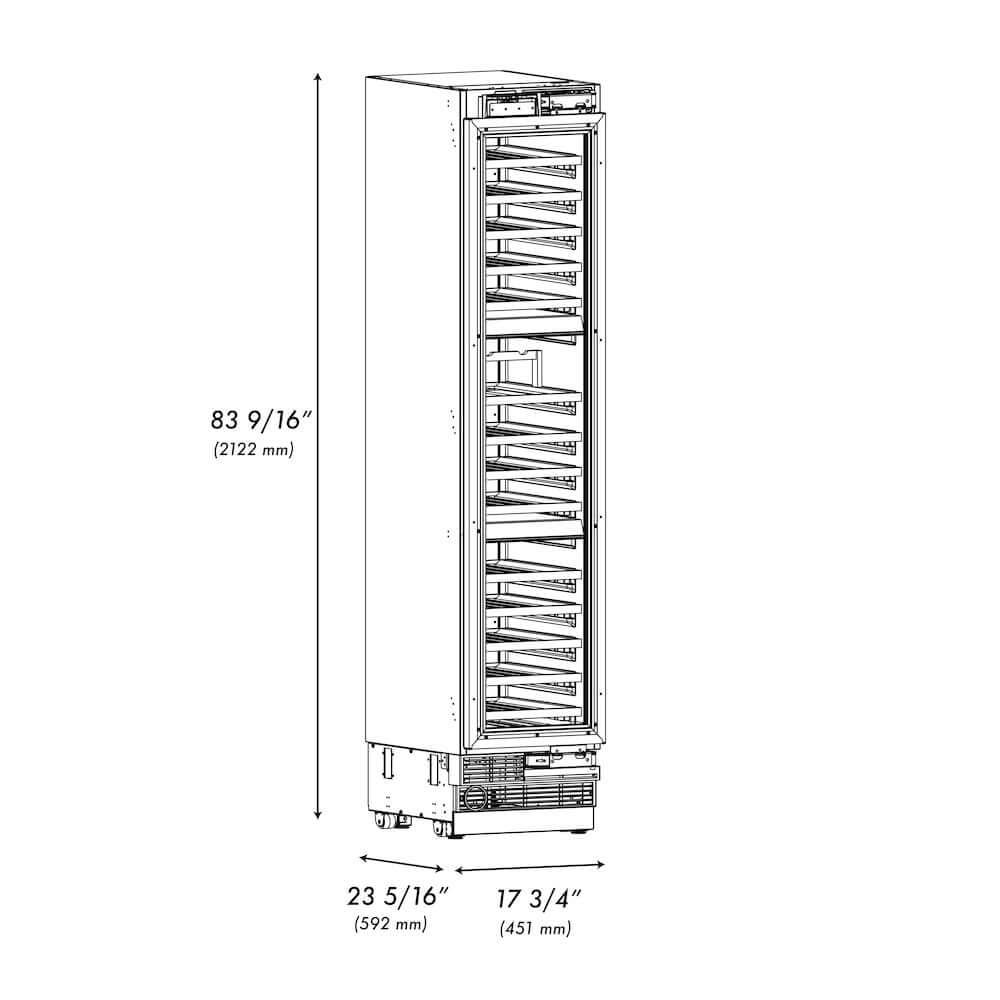 ZLINE Autograph Edition 18 in. 9.0 cu. ft. Triple Zone 68 Bottle Panel Ready Right Hinge Column Wine Cooler with Polished Gold Accents (RBCWVRZ-18-G) dimensional diagram.