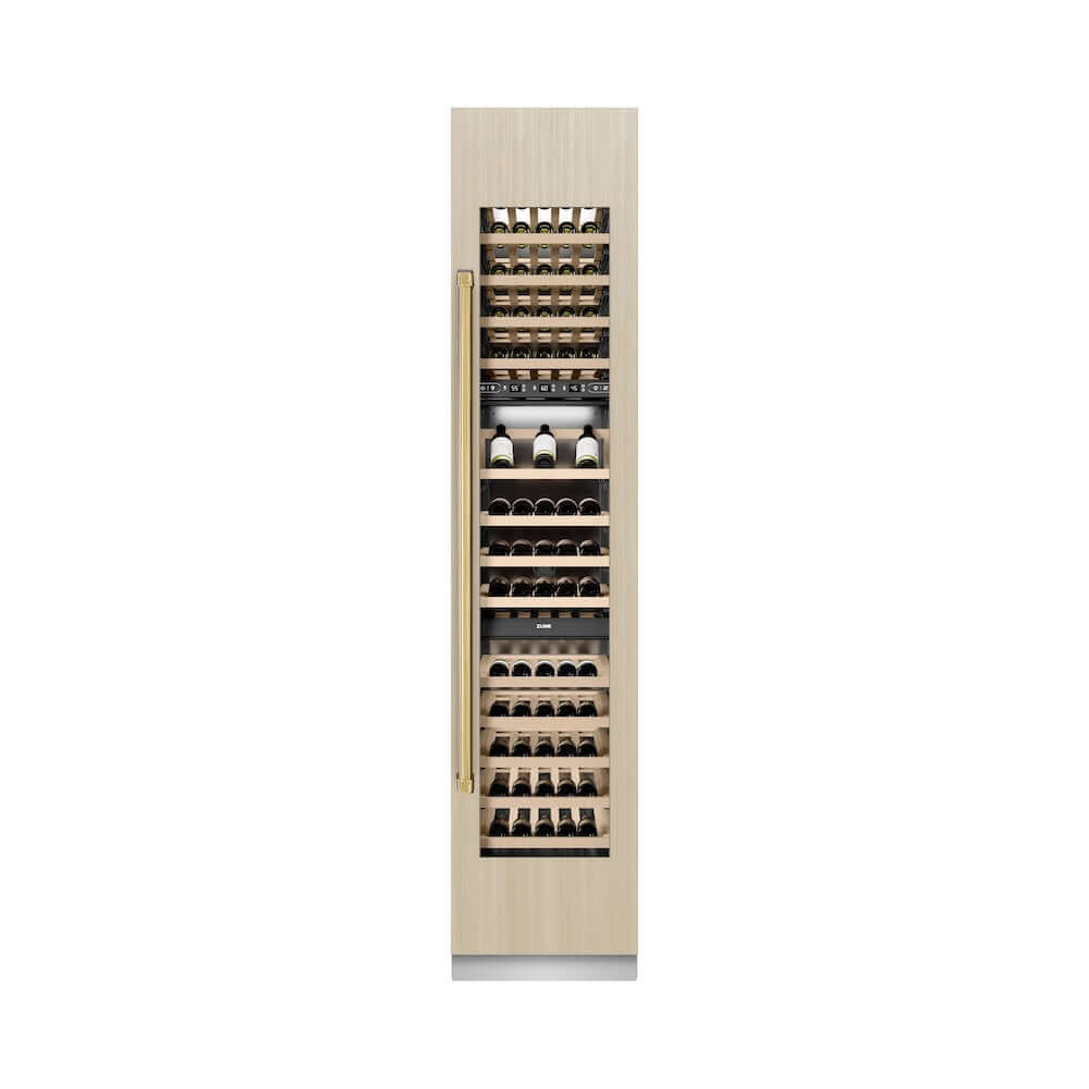 ZLINE Autograph Edition 18 in. 9.0 cu. ft. Triple Zone 68 Bottle Panel Ready Right Hinge Column Wine Cooler with Polished Gold Accents (RBCWVRZ-18-G) front, closed, with custom panel.