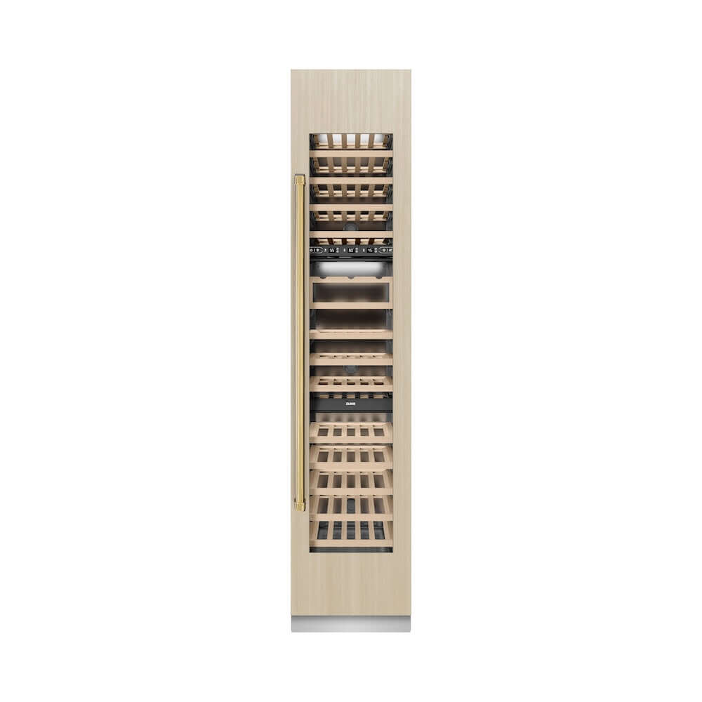 ZLINE Autograph Edition 18 in. 9.0 cu. ft. Triple Zone 68 Bottle Panel Ready Right Hinge Column Wine Cooler with Polished Gold Accents (RBCWVRZ-18-G) front, closed, with custom panel.
