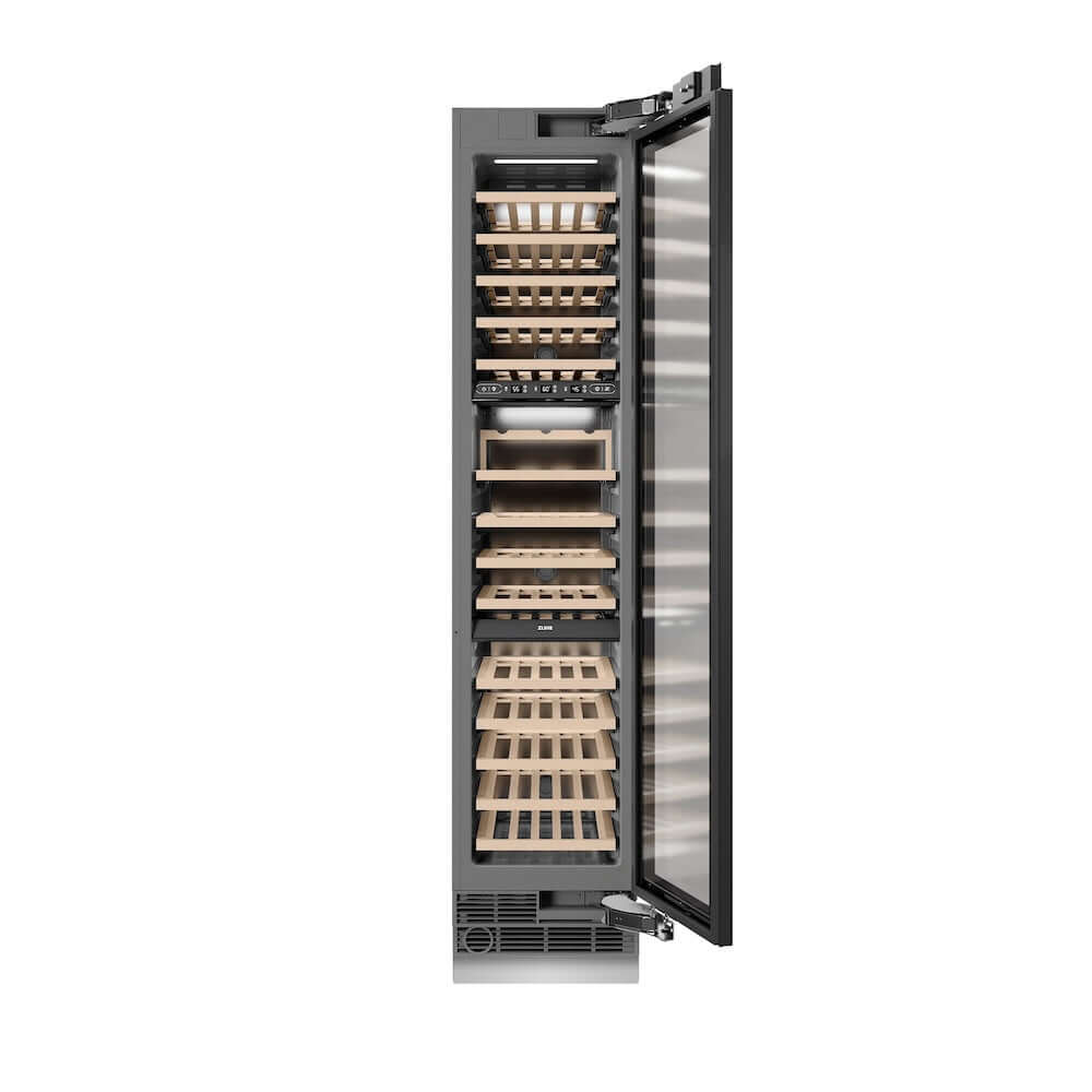 ZLINE Autograph Edition 18 in. 9.0 cu. ft. Triple Zone 68 Bottle Panel Ready Right Hinge Column Wine Cooler with Polished Gold Accents (RBCWVRZ-18-G) front, open.