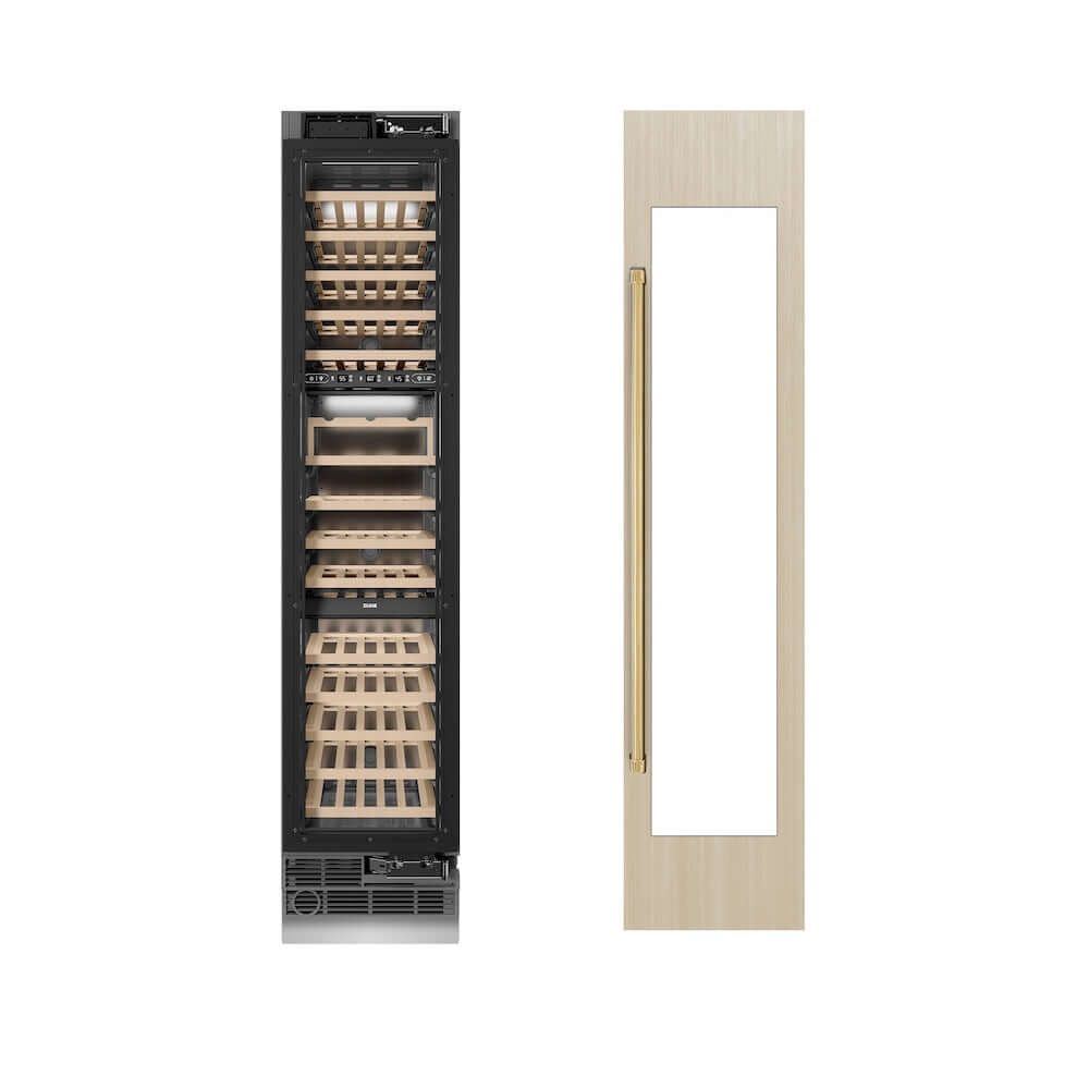 ZLINE Autograph Edition 18 in. 9.0 cu. ft. Triple Zone 68 Bottle Panel Ready Right Hinge Column Wine Cooler with Polished Gold Accents (RBCWVRZ-18-G) unit without panels next to custom panels.