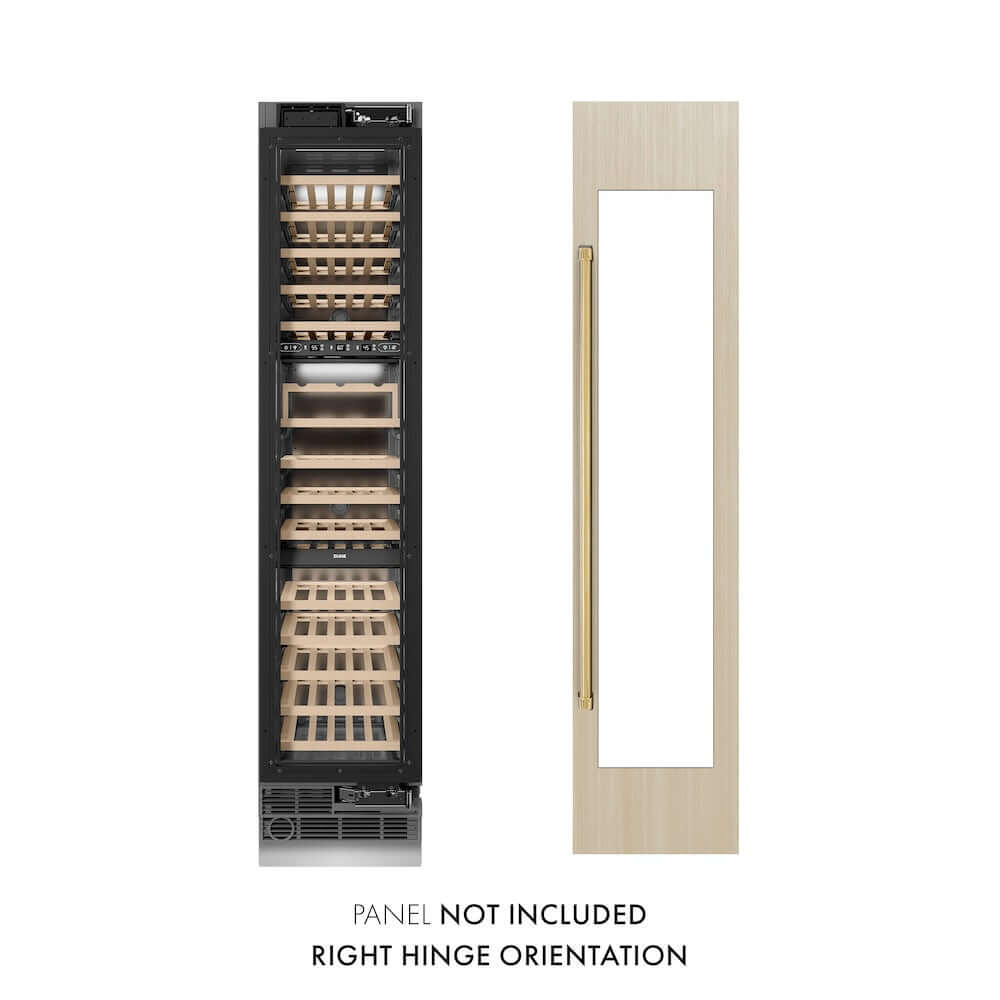 ZLINE Autograph Edition 18 in. 9.0 cu. ft. Triple Zone 68 Bottle Panel Ready Right Hinge Column Wine Cooler with Polished Gold Accents (RBCWVRZ-18-G) front, next to custom panels. Text: Panels not included.