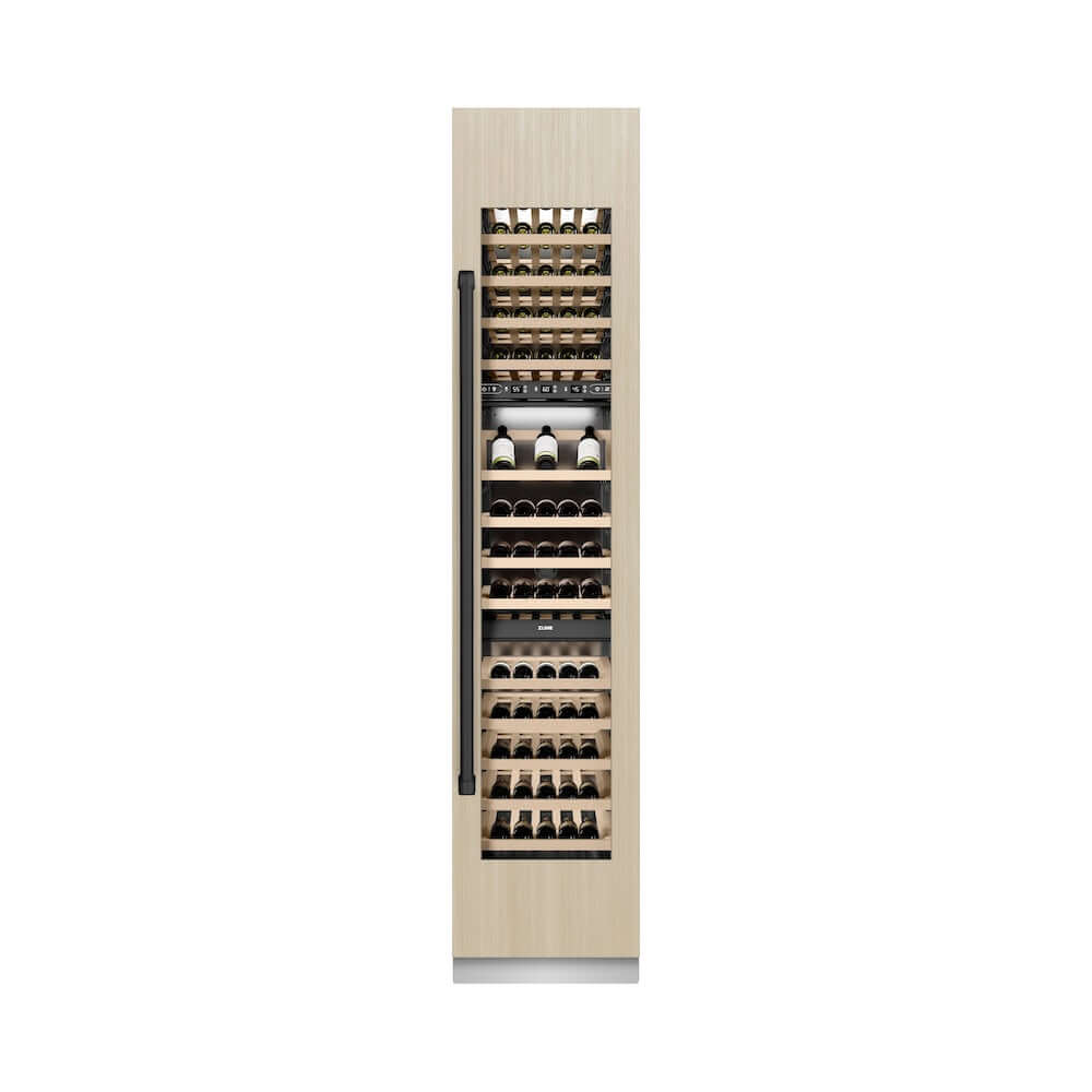 ZLINE Autograph Edition 18 in. 9.0 cu. ft. Triple Zone 68 Bottle Panel Ready Right Hinge Column Wine Cooler with Matte Black Accents (RBCWVRZ-18-MB) front, closed, with custom panel.