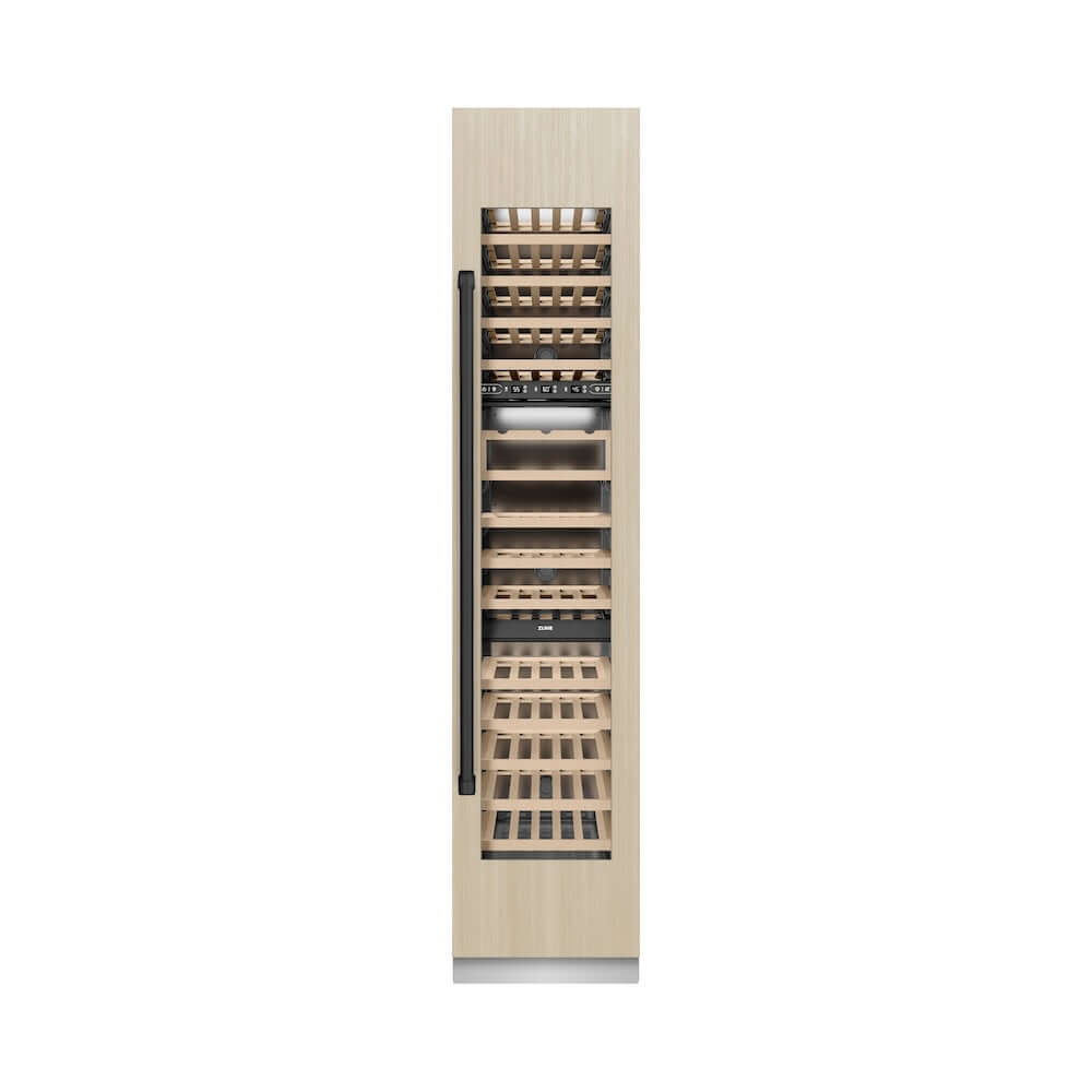 ZLINE Autograph Edition 18 in. 9.0 cu. ft. Triple Zone 68 Bottle Panel Ready Right Hinge Column Wine Cooler with Matte Black Accents (RBCWVRZ-18-MB) front, closed, with custom panel.