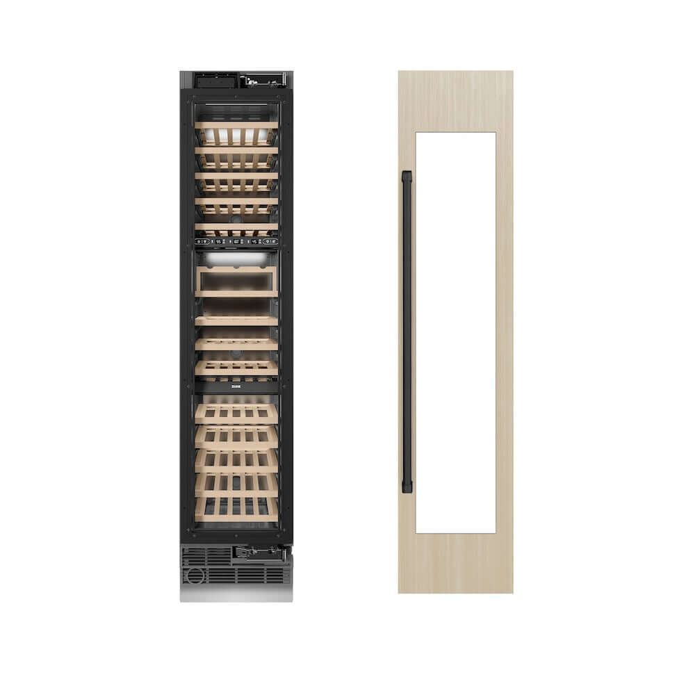 ZLINE Autograph Edition 18 in. 9.0 cu. ft. Triple Zone 68 Bottle Panel Ready Right Hinge Column Wine Cooler with Matte Black Accents (RBCWVRZ-18-MB) unit without panels next to custom panels.