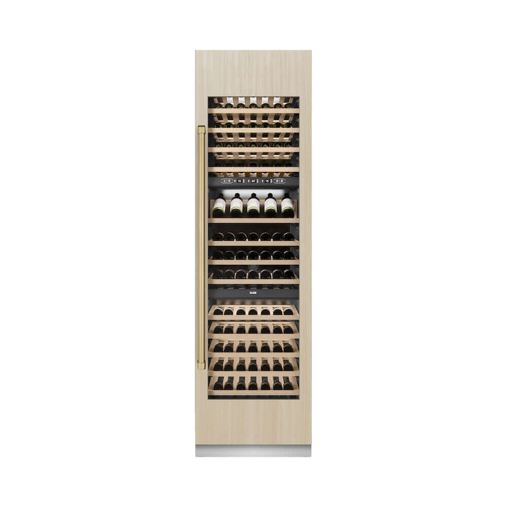 ZLINE Autograph Edition 24 in. 12.4 cu. ft. Triple Zone 100 Bottle Panel Ready Column Wine Cooler with Champagne Bronze Accents (RBCWVZ-24-CB) front, closed, with custom panel.