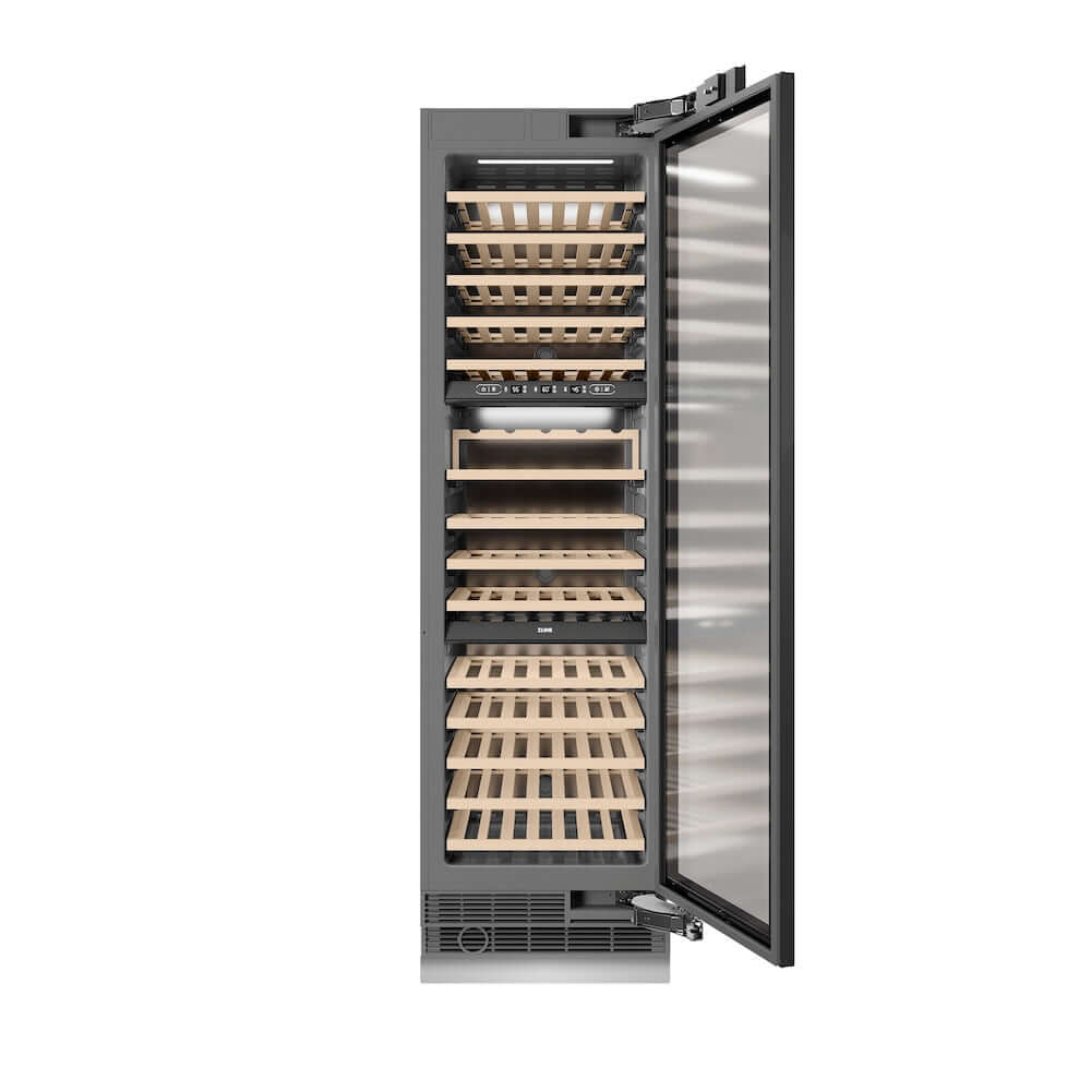 ZLINE Autograph Edition 24 in. 12.4 cu. ft. Triple Zone 100 Bottle Panel Ready Column Wine Cooler with Champagne Bronze Accents (RBCWVZ-24-CB) front, open.