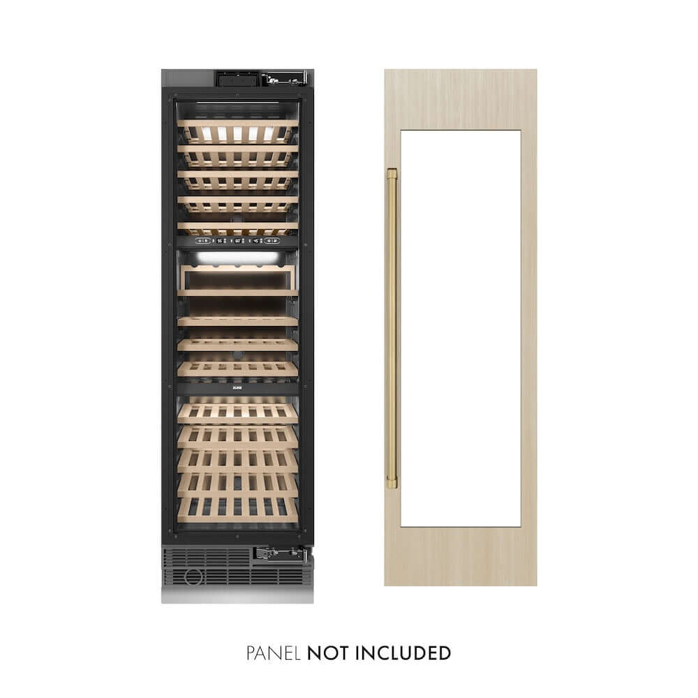 ZLINE Autograph Edition 24 in. 12.4 cu. ft. Triple Zone 100 Bottle Panel Ready Column Wine Cooler with Champagne Bronze Accents (RBCWVZ-24-CB) front, next to custom panels. Text: Panels not included.