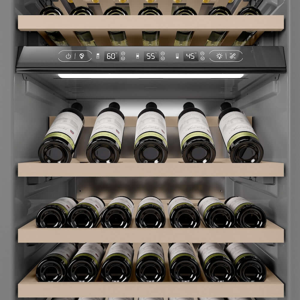 ZLINE Autograph Edition 24 in. 12.4 cu. ft. Triple Zone 100 Bottle Panel Ready Column Wine Cooler with Polished Gold Accents (RBCWVZ-24-G) internal storage racks and controls.