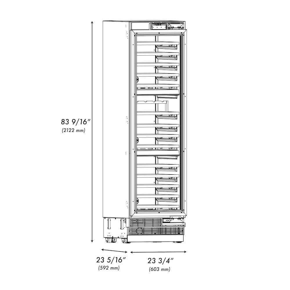 ZLINE Autograph Edition 24 in. 12.4 cu. ft. Triple Zone 100 Bottle Panel Ready Column Wine Cooler with Polished Gold Accents (RBCWVZ-24-G) dimensional diagram.