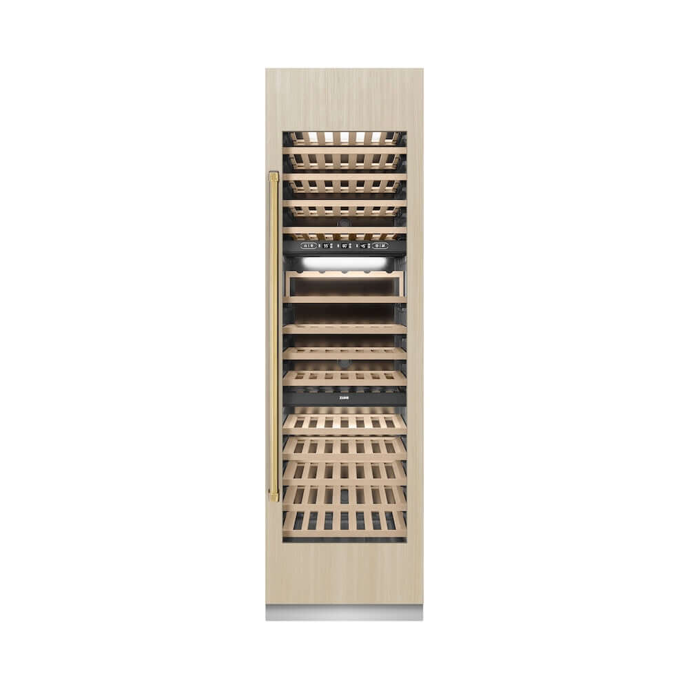 ZLINE Autograph Edition 24 in. 12.4 cu. ft. Triple Zone 100 Bottle Panel Ready Column Wine Cooler with Polished Gold Accents (RBCWVZ-24-G) front, closed, with custom panel.