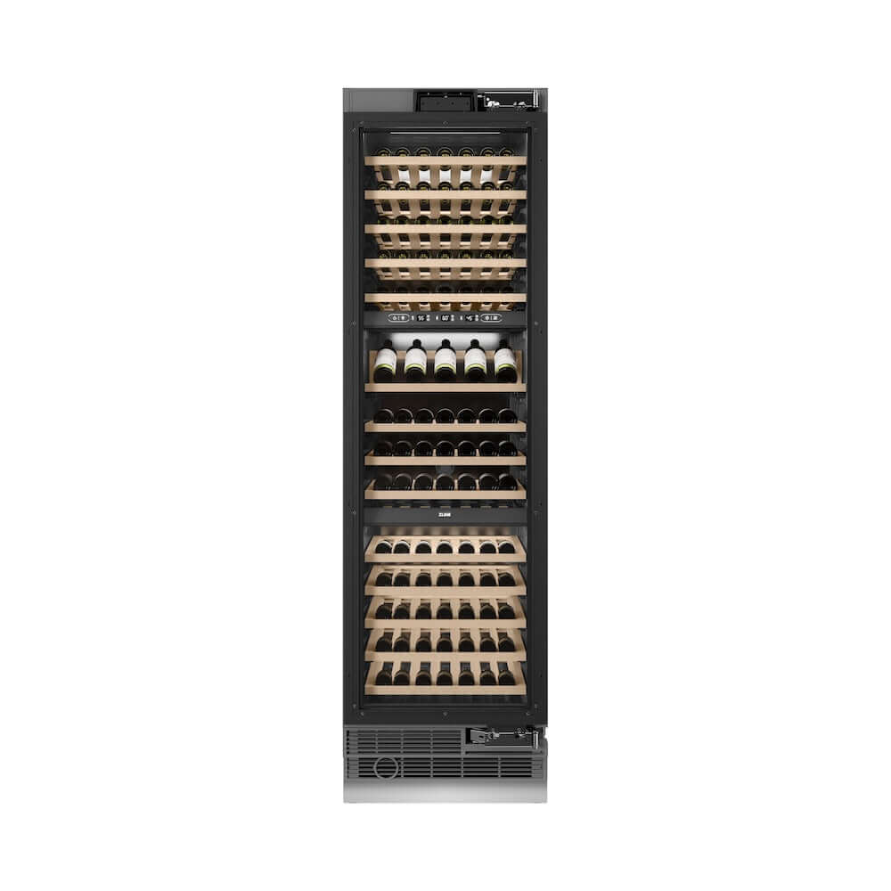 ZLINE Autograph Edition 24 in. 12.4 cu. ft. Triple Zone 100 Bottle Panel Ready Column Wine Cooler with Polished Gold Accents (RBCWVZ-24-G) front, closed.