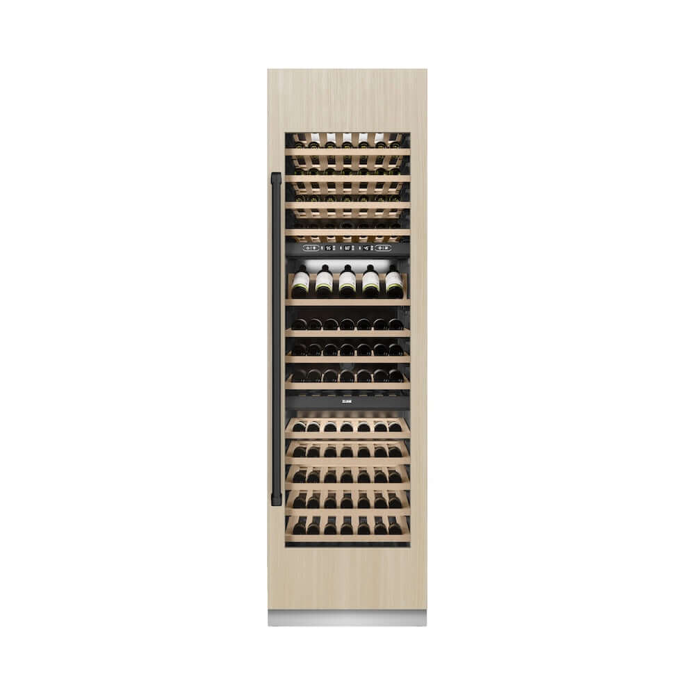 ZLINE Autograph Edition 24 in. 12.4 cu. ft. Triple Zone 100 Bottle Panel Ready Column Wine Cooler with Matte Black Accents (RBCWVZ-24-MB) front, closed, with custom panel.