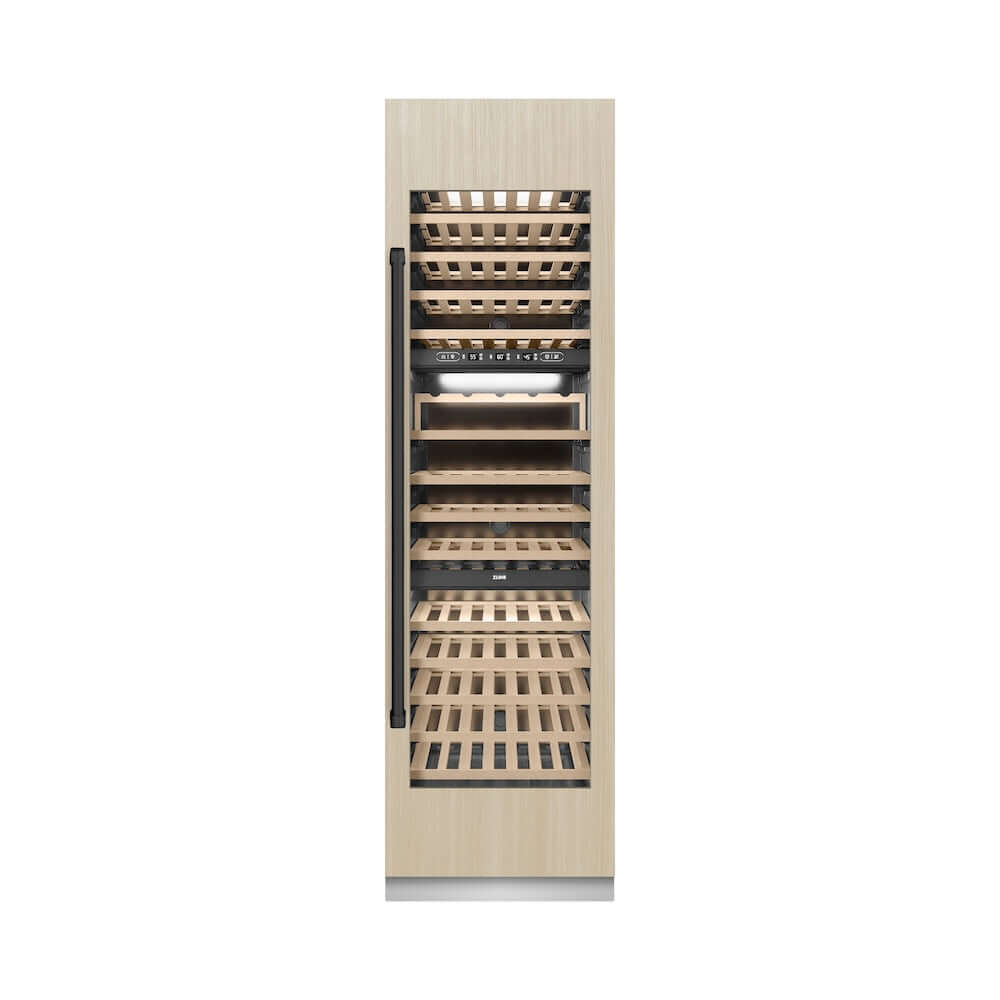 ZLINE Autograph Edition 24 in. 12.4 cu. ft. Triple Zone 100 Bottle Panel Ready Column Wine Cooler with Matte Black Accents (RBCWVZ-24-MB) front, closed, with custom panel.