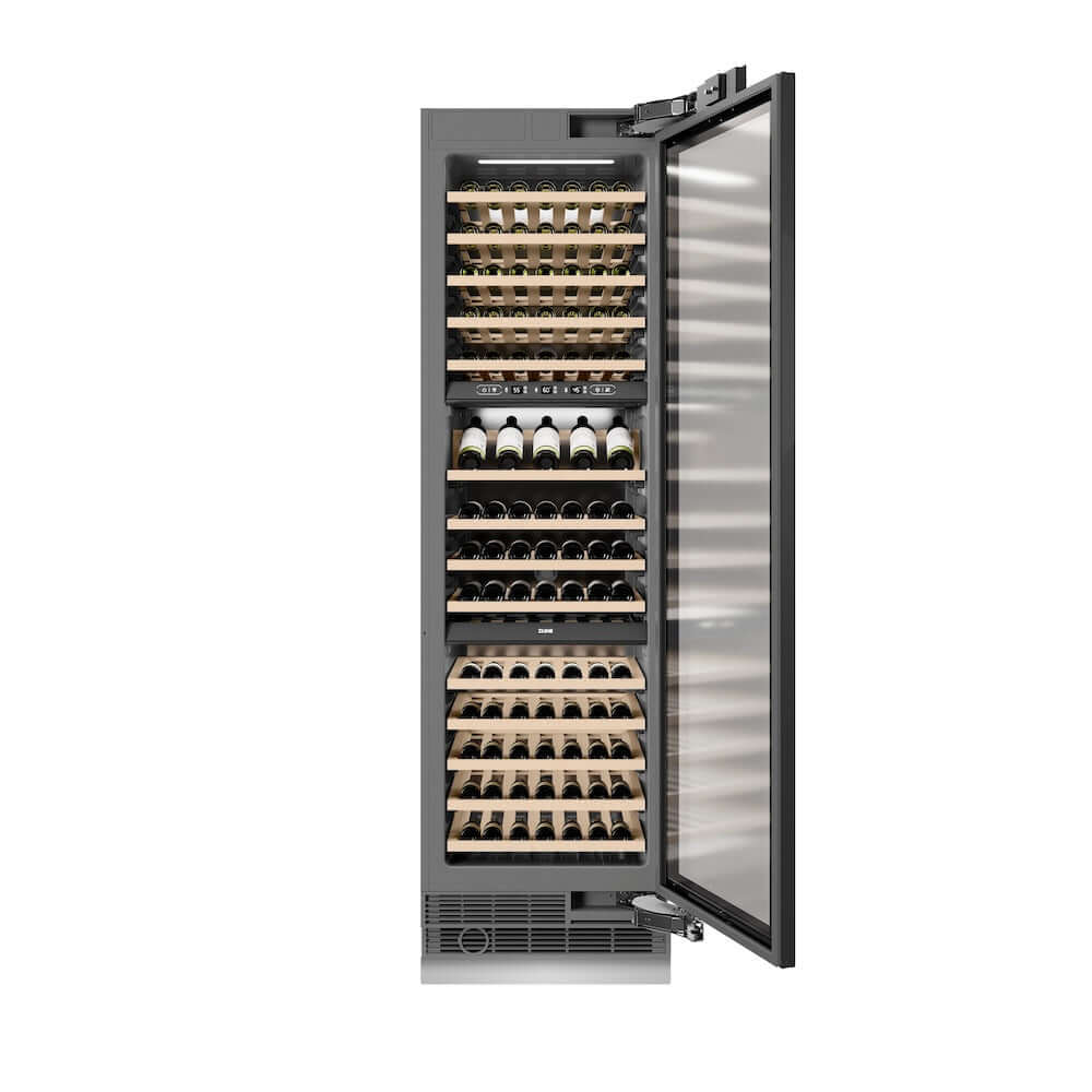 ZLINE Autograph Edition 24 in. 12.4 cu. ft. Triple Zone 100 Bottle Panel Ready Column Wine Cooler with Matte Black Accents (RBCWVZ-24-MB) front, open.
