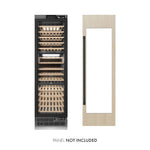ZLINE Autograph Edition 24 in. 12.4 cu. ft. Triple Zone 100 Bottle Panel Ready Column Wine Cooler with Matte Black Accents (RBCWVZ-24-MB) front, next to custom panels. Text: Panels not included.