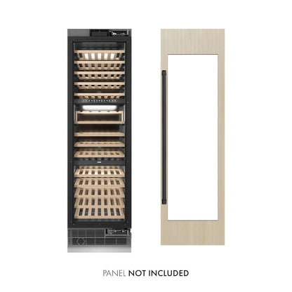 ZLINE Autograph Edition 24 in. 12.4 cu. ft. Triple Zone 100 Bottle Panel Ready Column Wine Cooler with Matte Black Accents (RBCWVZ-24-MB) front, next to custom panels. Text: Panels not included.