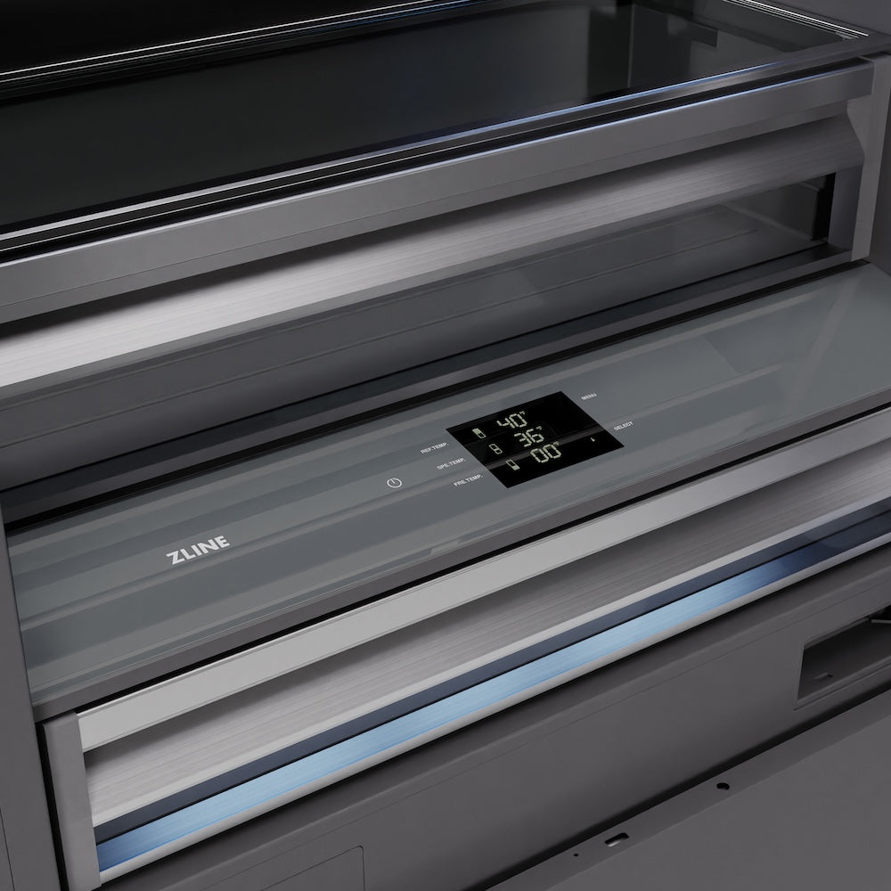 ZLINE 36 in. 19.8 cu. ft. Panel Ready Built-In Bottom Freezer Refrigerator with Water Dispenser and Ice Maker with Graphite Gray Interior (GRBIT-36) close-up detail, refrigerator and freezer temperature controls.