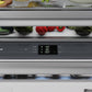 ZLINE 36 in. 19.8 cu. ft. Panel Ready Built-In Bottom Freezer Refrigerator with Water Dispenser and Ice Maker with Graphite Gray Interior (GRBIT-36) close-up detail, refrigerator and freezer temperature controls near crisper drawers.