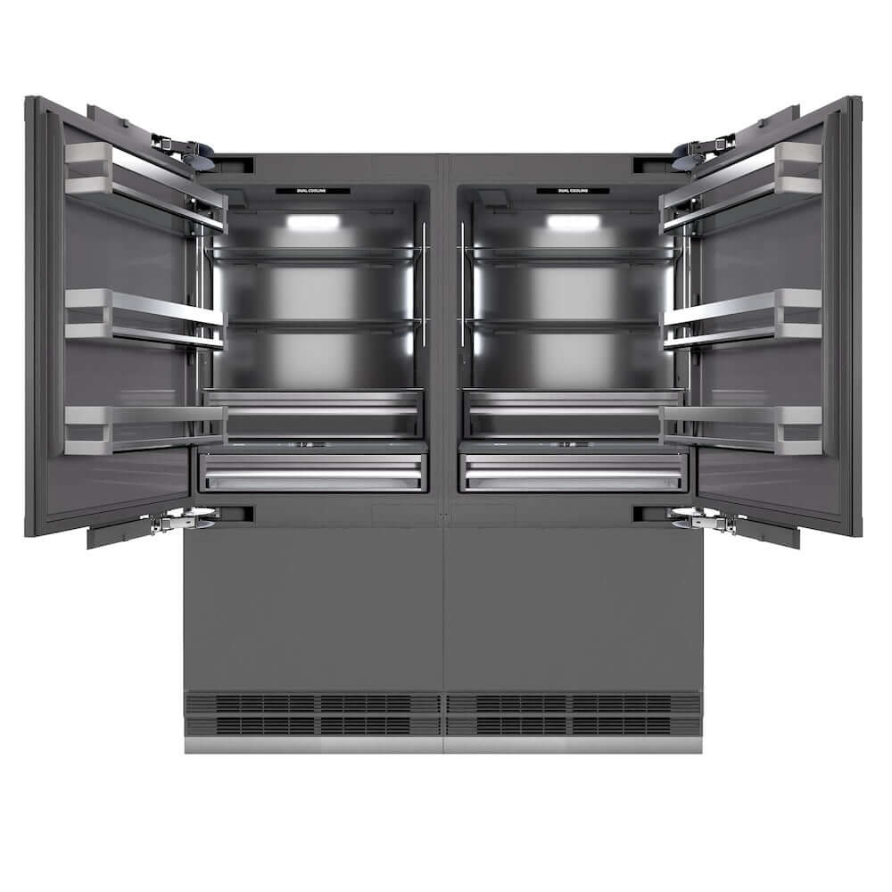 ZLINE 72 in. 39.6 cu. ft. Panel Ready French Door Built-In Bottom Freezer Refrigerator with Water Dispensers and Ice Makers with Graphite Gray Interior (GRBIT-72) front, refrigeration compartment open.