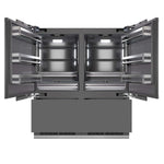 ZLINE 72 in. 39.6 cu. ft. Panel Ready French Door Built-In Bottom Freezer Refrigerator with Water Dispensers and Ice Makers with Graphite Gray Interior (GRBIT-72) front, refrigeration compartment and bottom freezer drawers open.