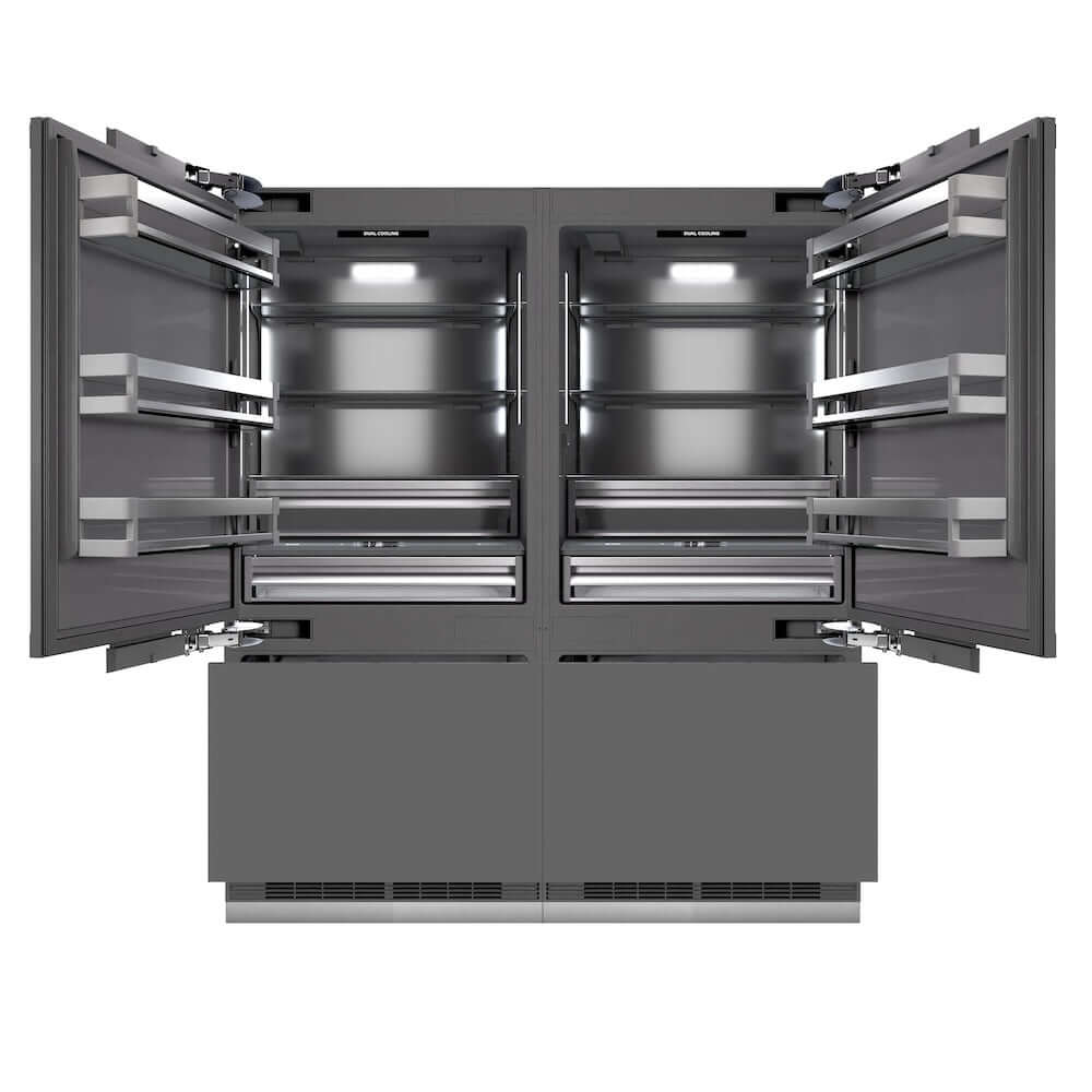 ZLINE 72 in. 39.6 cu. ft. Panel Ready French Door Built-In Bottom Freezer Refrigerator with Water Dispensers and Ice Makers with Graphite Gray Interior (GRBIT-72) front, refrigeration compartment and bottom freezer drawers open.