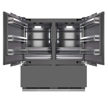 ZLINE 72 in. 39.6 cu. ft. Panel Ready French Door Built-In Bottom Freezer Refrigerator with Water Dispensers and Ice Makers with Graphite Gray Interior (GRBIT-72) front, refrigeration compartment and bottom freezer drawers open.