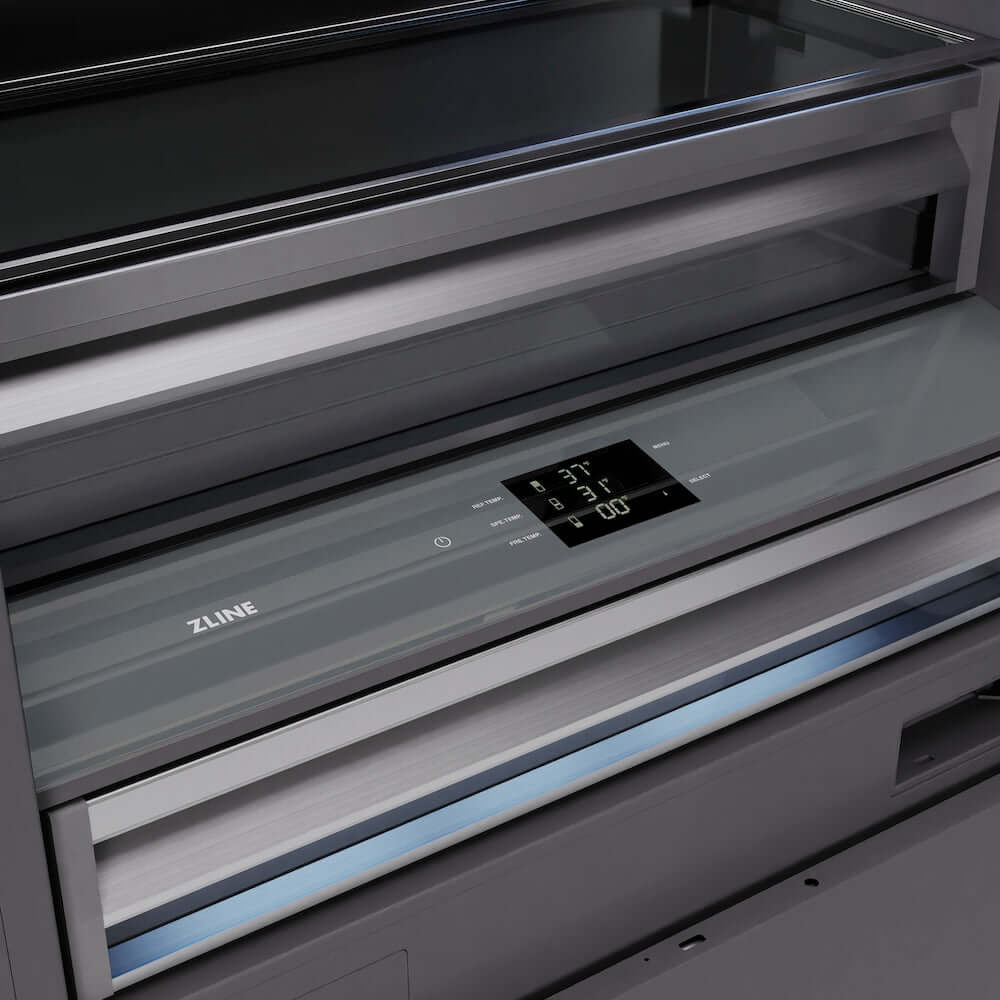 ZLINE Autograph Edition 36 in. 19.8 cu. ft. Panel Ready Built-In Bottom Freezer Refrigerator with Water Dispenser and Ice Maker with Graphite Gray Interior and Champagne Bronze Accents (GRBITZ-36-CB) close-up detail, refrigerator and freezer temperature controls.