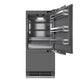 ZLINE Autograph Edition 36 in. 19.8 cu. ft. Panel Ready Built-In Bottom Freezer Refrigerator with Water Dispenser and Ice Maker with Graphite Gray Interior and Champagne Bronze Accents (GRBITZ-36-CB) front, refrigeration compartment open.