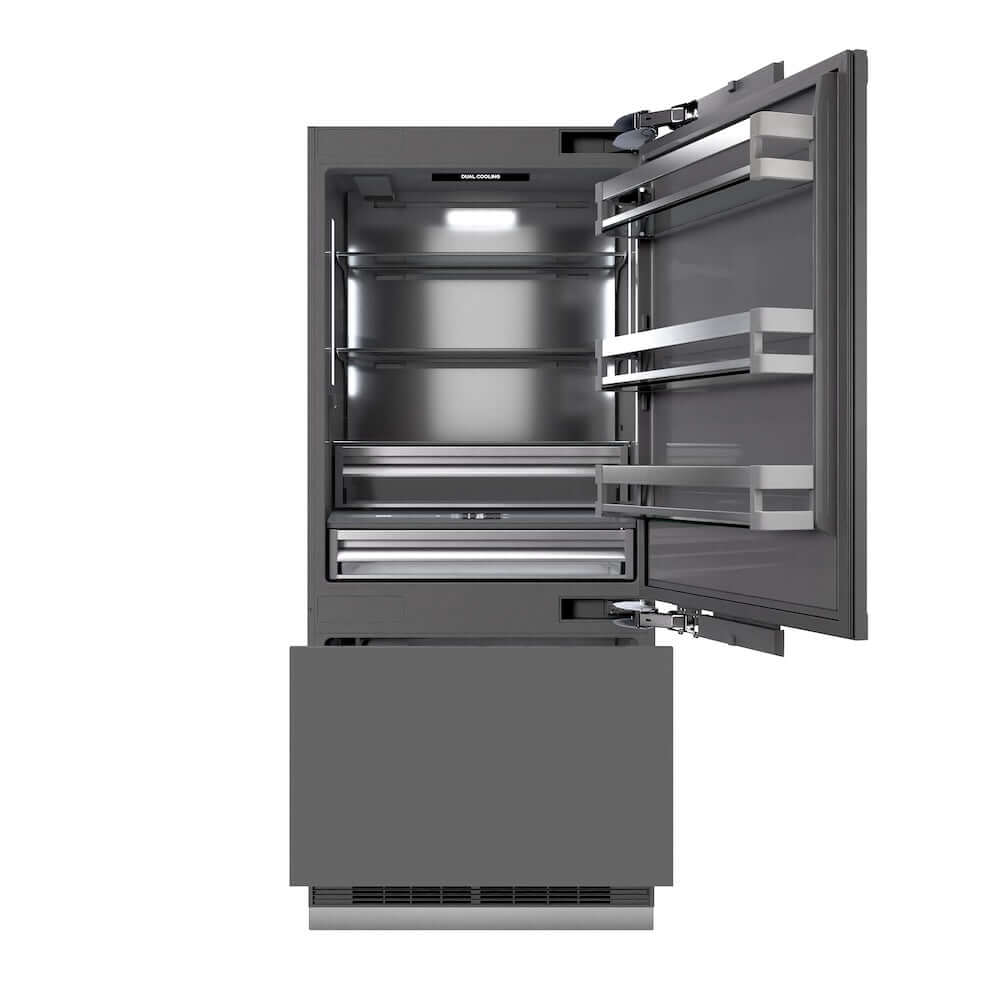 ZLINE Autograph Edition 36 in. 19.8 cu. ft. Panel Ready Built-In Bottom Freezer Refrigerator with Water Dispenser and Ice Maker with Graphite Gray Interior and Champagne Bronze Accents (GRBITZ-36-CB) main image.