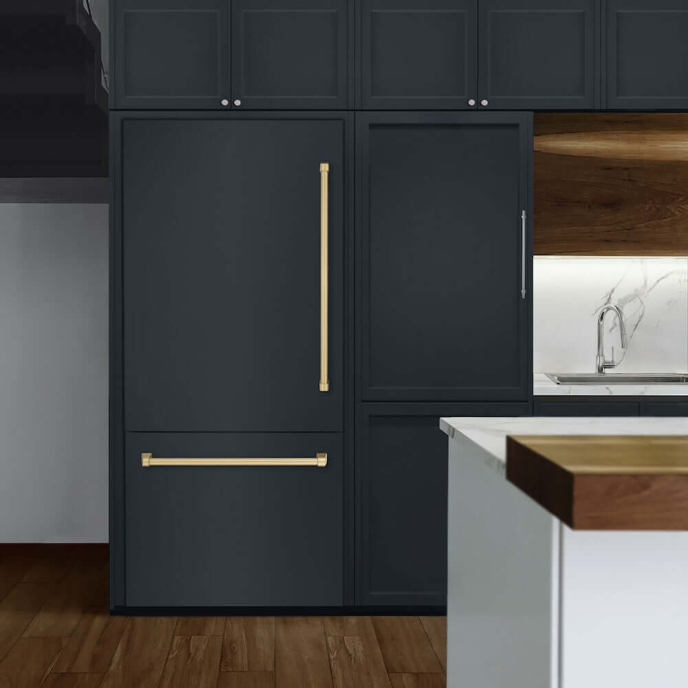 ZLINE Autograph Edition 36 in. 19.8 cu. ft. Panel Ready Built-In Bottom Freezer Refrigerator with Water Dispenser and Ice Maker with Graphite Gray Interior and Champagne Bronze Accents (GRBITZ-36-CB) lifestyle, in a luxury kitchen.