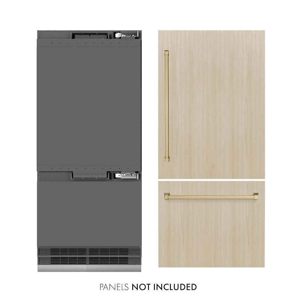 ZLINE Autograph Edition 36 in. 19.8 cu. ft. Panel Ready Built-In Bottom Freezer Refrigerator with Water Dispenser and Ice Maker with Graphite Gray Interior and Champagne Bronze Accents (GRBITZ-36-CB)