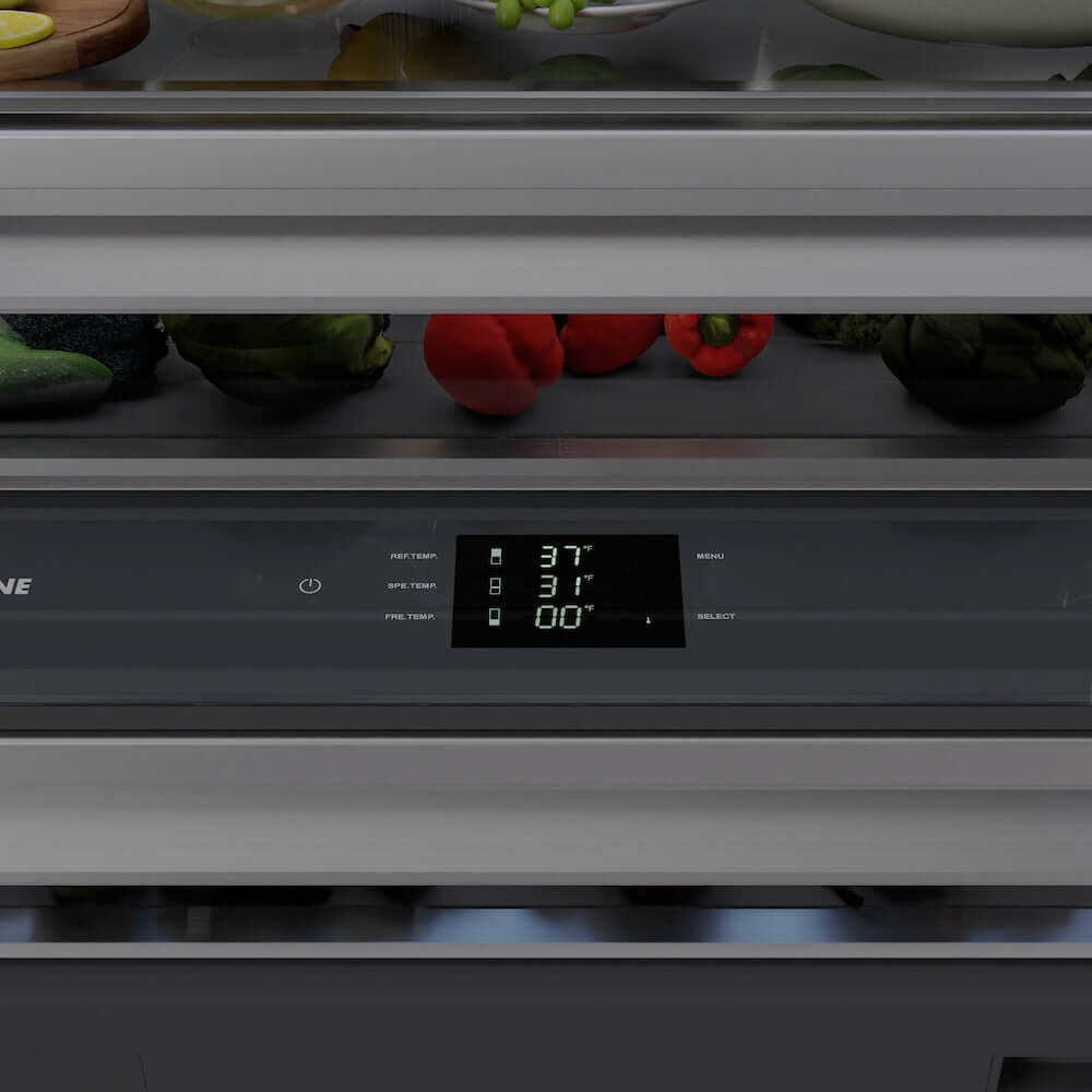 ZLINE Autograph Edition 36 in. 19.8 cu. ft. Panel Ready Built-In Bottom Freezer Refrigerator with Water Dispenser and Ice Maker with Graphite Gray Interior and Polished Gold Accents (GRBITZ-36-G) close-up detail, refrigerator and freezer temperature controls near crisper drawers.