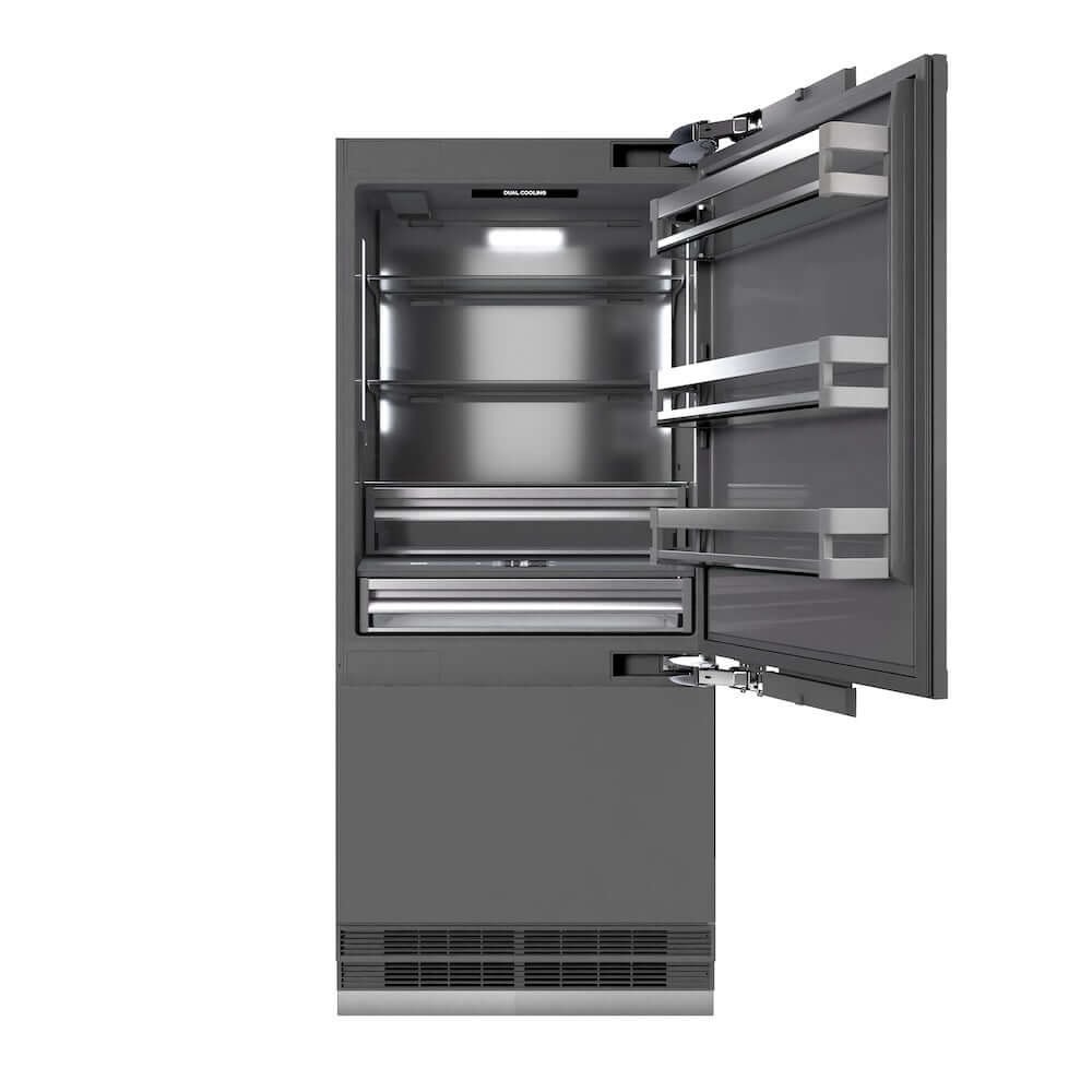 ZLINE Autograph Edition 36 in. 19.8 cu. ft. Panel Ready Built-In Bottom Freezer Refrigerator with Water Dispenser and Ice Maker with Graphite Gray Interior and Matte Black Accents (GRBITZ-36-MB) front, refrigeration compartment open.