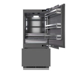 ZLINE Autograph Edition 36 in. 19.8 cu. ft. Panel Ready Built-In Bottom Freezer Refrigerator with Water Dispenser and Ice Maker with Graphite Gray Interior and Matte Black Accents (GRBITZ-36-MB) front, refrigeration compartment and bottom freezer drawers open.