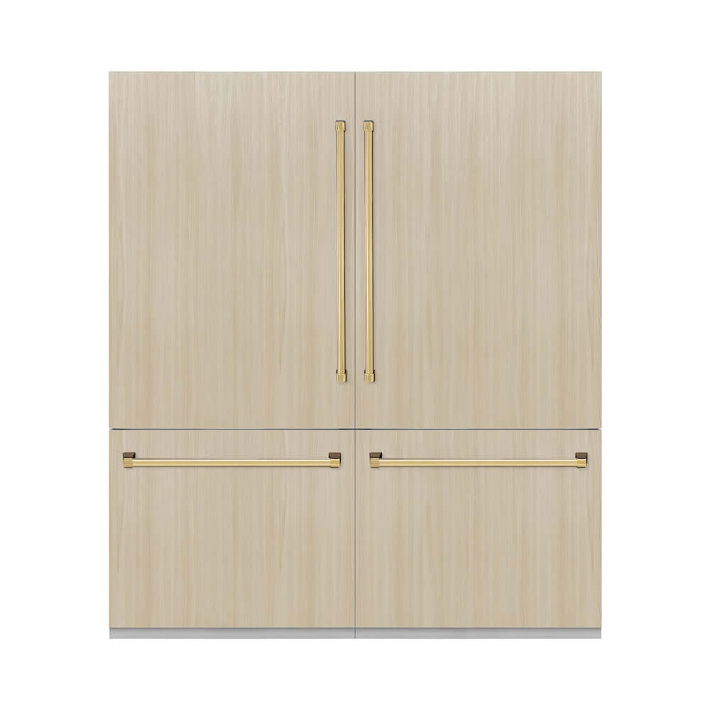 ZLINE Autograph Edition 72 in. 39.6 cu. ft. Panel Ready French Door Built-In Bottom Freezer Refrigerator with Water Dispensers and Ice Makers with Graphite Gray Interior and Polished Gold Accents (GRBITZ-72-G)
