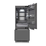 ZLINE 30 in. 16.1 cu. ft. Panel Ready Built-In Bottom Freezer Refrigerator with Water Dispenser and Ice Maker with Graphite Gray Interior (GRBIV-30) front, refrigeration compartment and bottom freezer open.