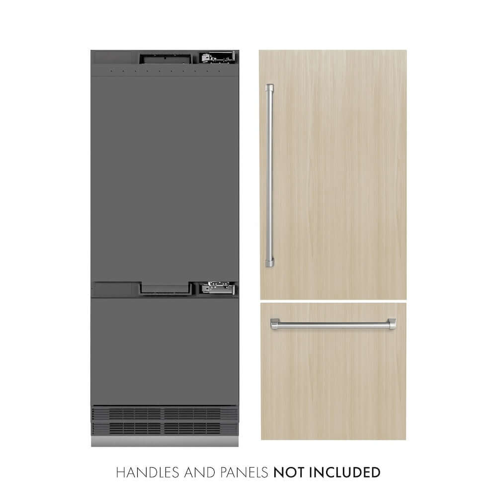ZLINE 30 in. 16.1 cu. ft. Panel Ready Built-In Bottom Freezer Refrigerator with Water Dispenser and Ice Maker with Graphite Gray Interior (GRBIV-30) front, next to custom panels and handles. Text: Handles and Panels Not Included.
