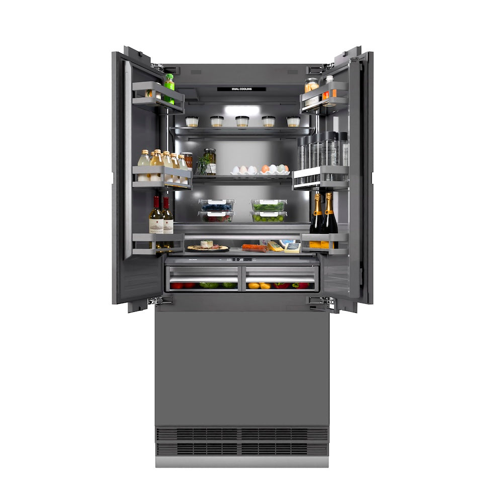 ZLINE 36 in. 19.6 cu. ft. Panel Ready French Door Built-In Bottom Freezer Refrigerator with Water Dispenser and Ice Maker with Graphite Gray Interior, Open Box-Good Condition