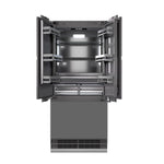 ZLINE 36 in. 19.6 cu. ft. Panel Ready French Door Built-In Bottom Freezer Refrigerator with Water Dispenser and Ice Maker with Graphite Gray Interior (GRBIV-36) front, no panels, open.